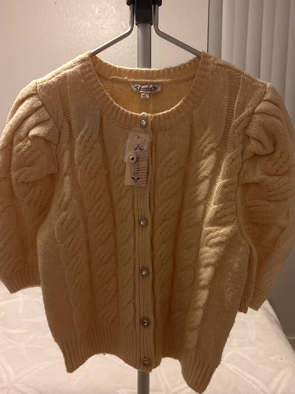 Nanette Lepore Pale Yellow Cable Knit Puff Sleeve Cardigan